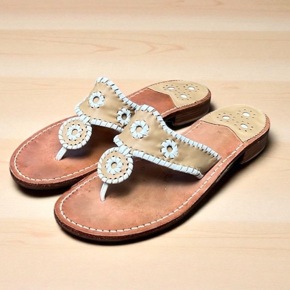 Jack Rogers Shoes - Jack Rogers Jacks Wide Width Leather Flat Sandal in Tan/White Size 11